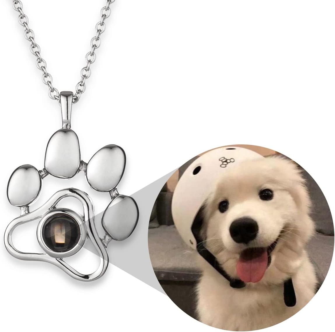 OPALSTOCK Personalized Pet Photo Necklace, Custom Photo Charm Projection Necklace Dog Cat Paw Pendant Pet Memorial Jewelry