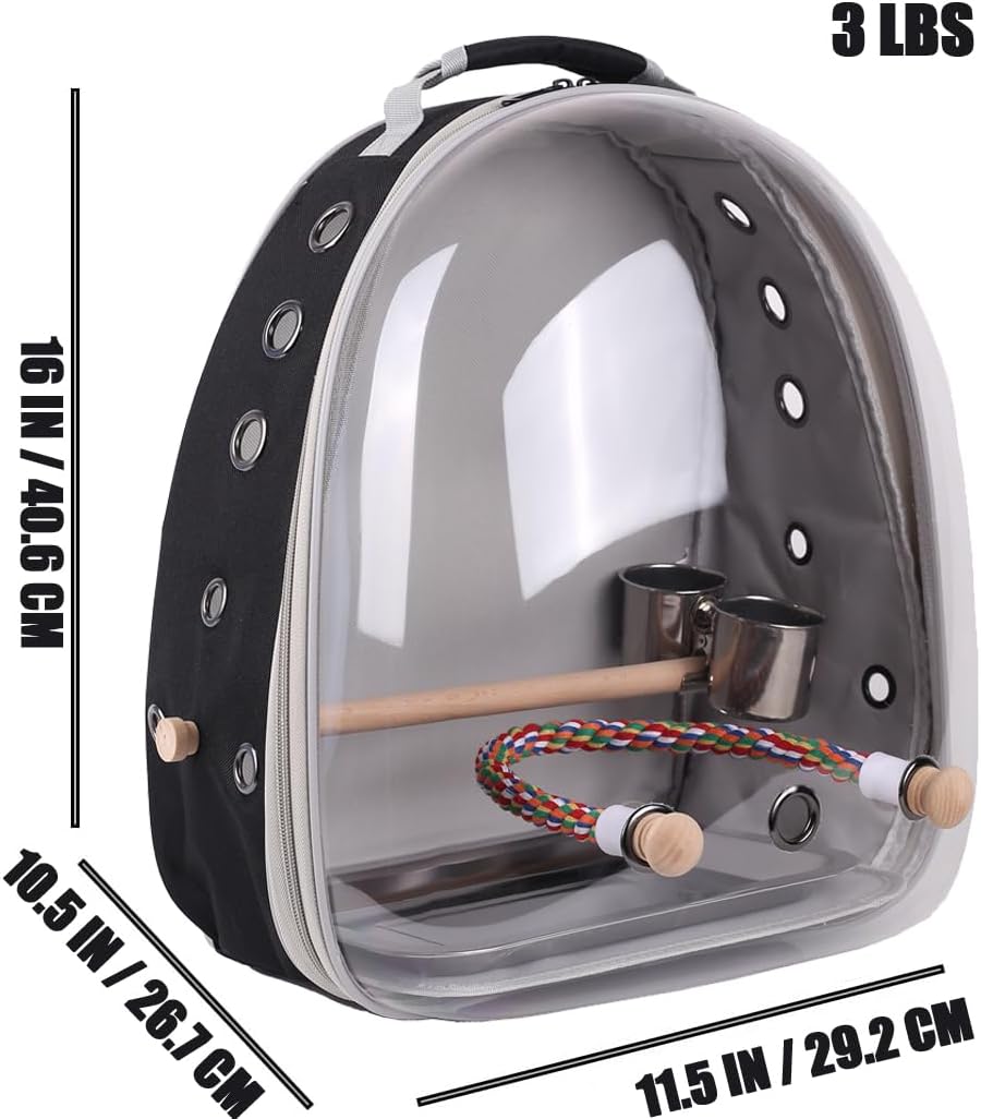 Bird Traval Carrier Cage, Multi Vent Holes Clear Space Capsule Astronaut Backpack to Carry Parakeet Cockatiel Parrot with Metal Tray Wood Perch, Vet Transport Book Bag
