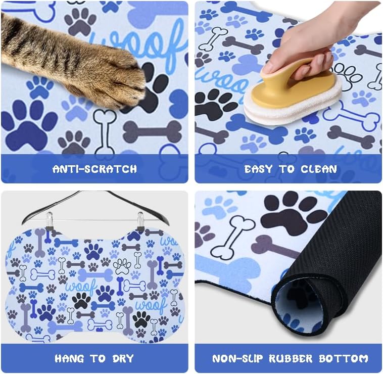 Dog Food Mats for Floors Waterproof, Pet Feeding Absorbent Water Bowl Mat Cat Placemats Blue Bone Shape 23.6 * 15.7 inch