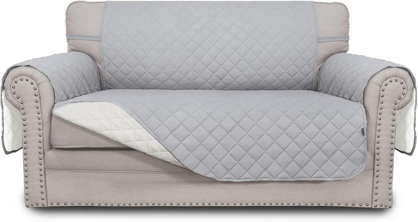 Easy-Going Reversible Loveseat Couch Cover for 2 Cushion Couch Sofa Cover for Dogs Water Resistant Furniture Protector with Foam Sticks Elastic Straps for Pet (Loveseat, Light Gray/Ivory)