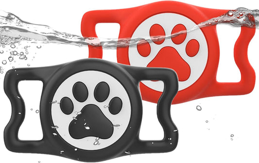 IP68 Waterpoof Dog Airtag Holder, Stretchy Silicone Full Body Covered Apple Air Tag Holder for Dog Cat Collar Fit All Width Collar (Black/Red, 2 Pack)