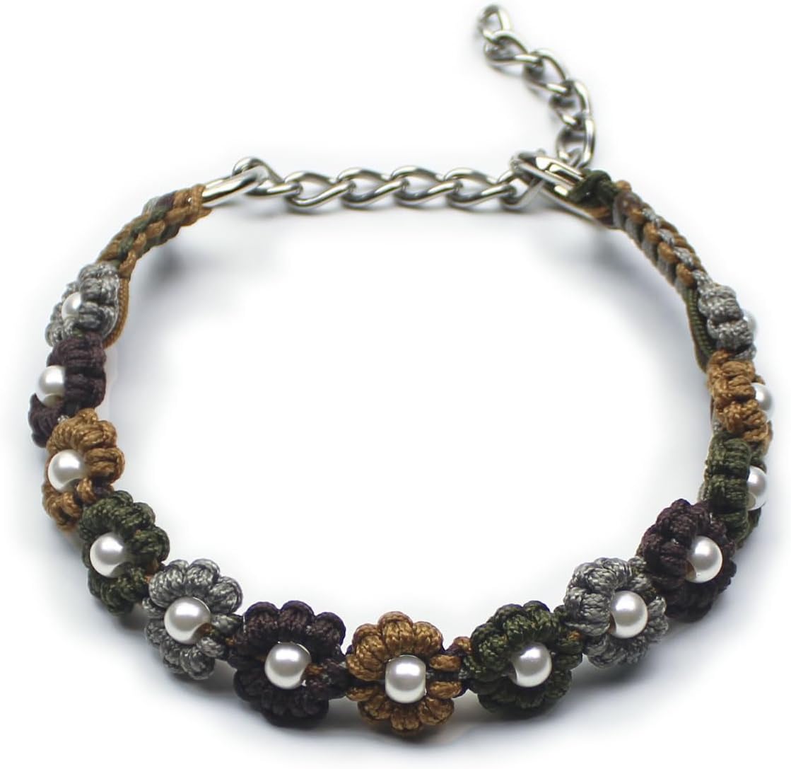 Cute Handmade Paracord Dog Collar – Unique Hand-Braided Multi-Color Flower Design Pet Accessory for Medium Dogs Fit 14-18" Size M