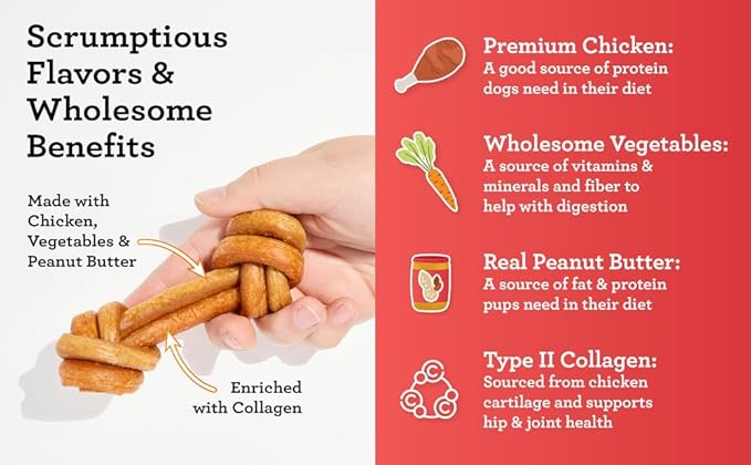 DreamBone CollaYUMS Knots Plus Collagen Chews for Dogs, 8 Count, Treat Your Dog to Rawhide-Free Chews Made with Chicken, Vegetables and Peanut Butter