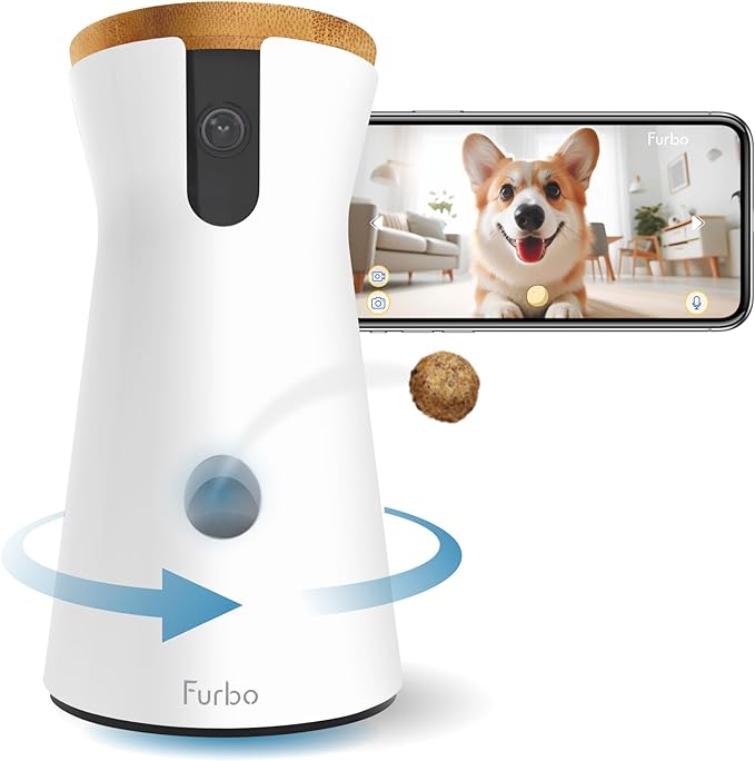 Furbo 360° Dog Camera: Pet Security Cam w/Barking Alerts, Rotating View, Treat Toss w/Phone App, Smart Home Indoor Puppy Monitoring, 2-Way Speaker (Standard Features - No Subscription Required)