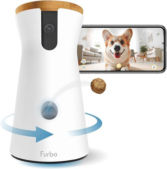 Furbo 360° Dog Camera: Pet Security Cam w/Barking Alerts, Rotating View, Treat Toss w/Phone App, Smart Home Indoor Puppy Monitoring, 2-Way Speaker (Standard Features - No Subscription Required)