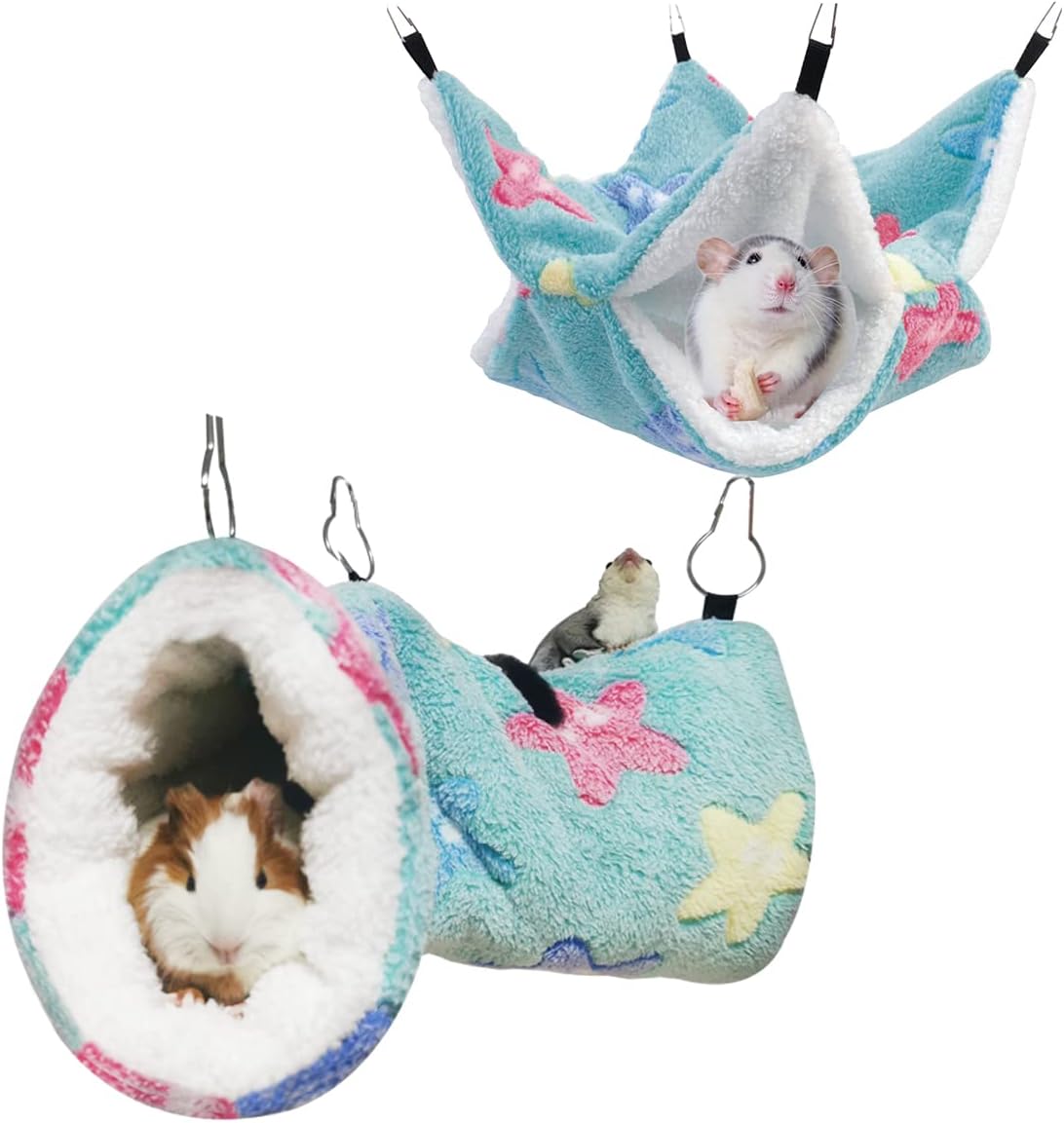LEFTSTARER Guinea Pig Ferret Rat Hammock Toy Small Animal Cage Accessories Hideout Tunnel & Bunkbed Hammock for Rat Ferret Guinea Pig Hamster Sugar Glider Chinchilla (Star-Green)