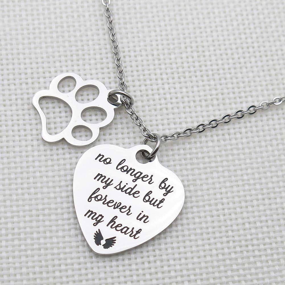 IDLAN Pet Memorial Gift No Longer by My Side But Forever in My Heart Stainless Steel Paw Prints Necklace Pet Sympathy Gift