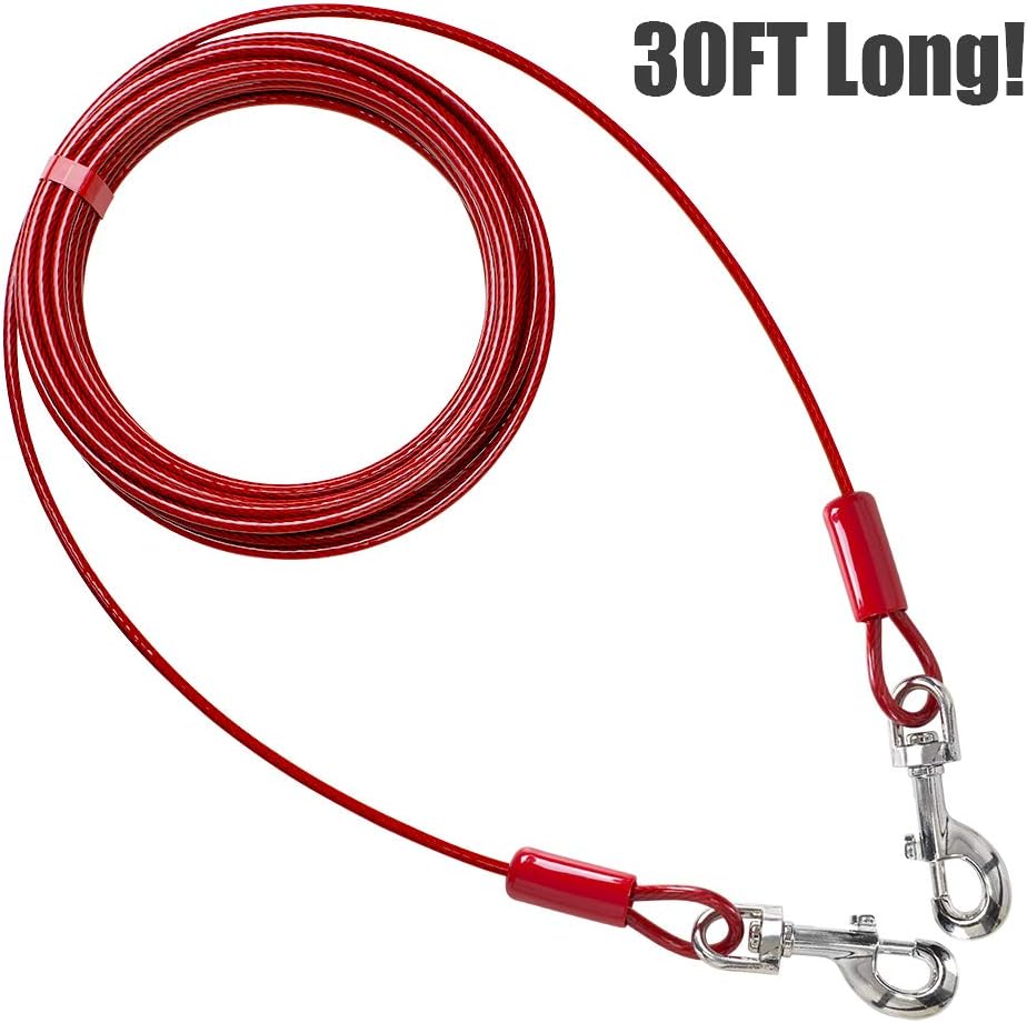 BV Dog Tie Out Cable 30 Feet - Heavy Duty Dog Lead Up to 125 Pounds - Reflective & Rust-Free with Quick Release Swivel Clips & 360° Rotating Clasp - Tangle-Free Dogs Runner for Yard (Red, Single)