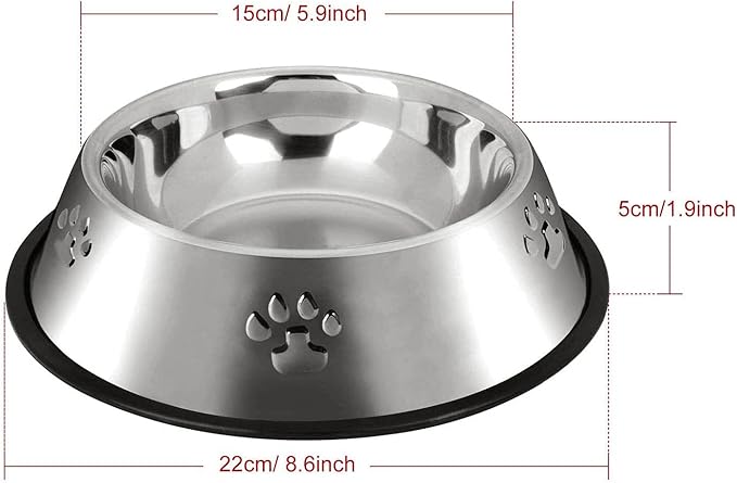 YUDANSI 2 Stainless Steel Dog Bowls, Dog Feeding Dishes, Doggie Plate Food Bowls with Rubber Base, Small and Medium Pet Feeder for Food and Water (M-16.6oz)