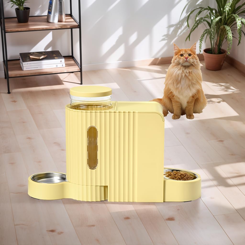 Automatic Cat Food Feeder and Water Dispenser,2 in 1 Gravity Cat Feeder and Water Dispenser with Stainless Steel Bowl,2 Pack Large Capacity Self Feeding for Small Medium Pets Puppy Kitten