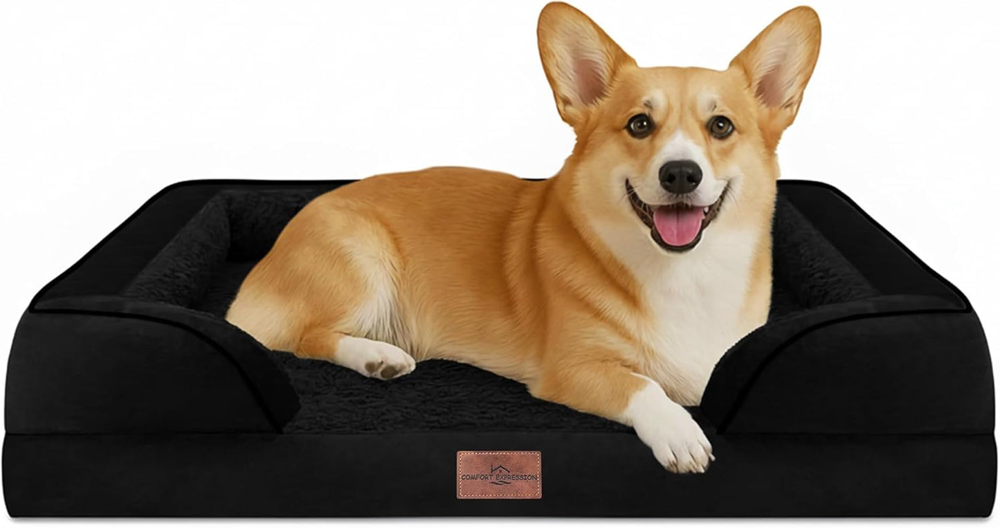 Comfort Expression Orthopedic Dog Bed for Medium Dogs 30x20 Inch, Waterproof Supportive Egg Crate Foam Medium Pet Bed with Removable Bolsters, Dog Couch with Washable Cover & Non-Slip Bottom, Black
