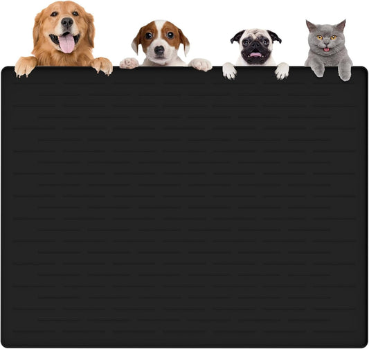 Largest Dog Food Mat, 48"x32" Silicone Dog and Cat Mat for Food and Water Bowls, Thinken Waterproof Non-Slip XXXL Pet Feeding Mat for Floors (Black)