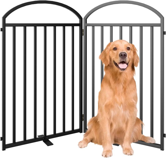 2 Panles Full Matel Freestanding Dog Gates with Door, 48"Extra Wide 32"Tall Free Standing Dog Pet Gate for Indoor & Outdoor. Foldable Pet Fences for Doorways, House, Stairs, Porch, Deck, Yard