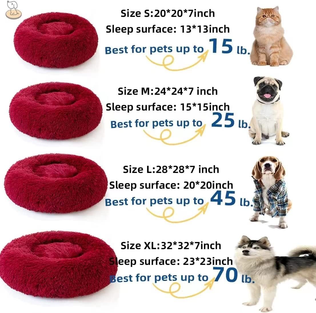 Cat Beds for Indoor Cats - Cat Bed Washable 24 inches, Dog Beds for Small Medium Dogs, Anti Anxiety Round Fluffy Plush Faux Fur Cat Bed, Thick Bottom (Red, Large 24" L x 24" W)