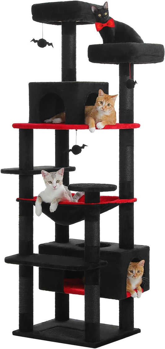 PAWZ Road Large Cat Tree, 72 Inches Gothic Cat Tower for Large Cats, Cat Condo with Sisal-Covered Scratching Posts and Pads, 2 Padded Perch, Dual Condo and Basket for Indoor Cats-Black