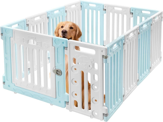 Dog Playpen with Door, 12 Panels Pet Safety Fence Foldable Puppy Pen Indoor Dog Fence, Plastics Enclosure Dog Pen Indoor for Small Dogs and Cats, Easy Assemble (Blue)