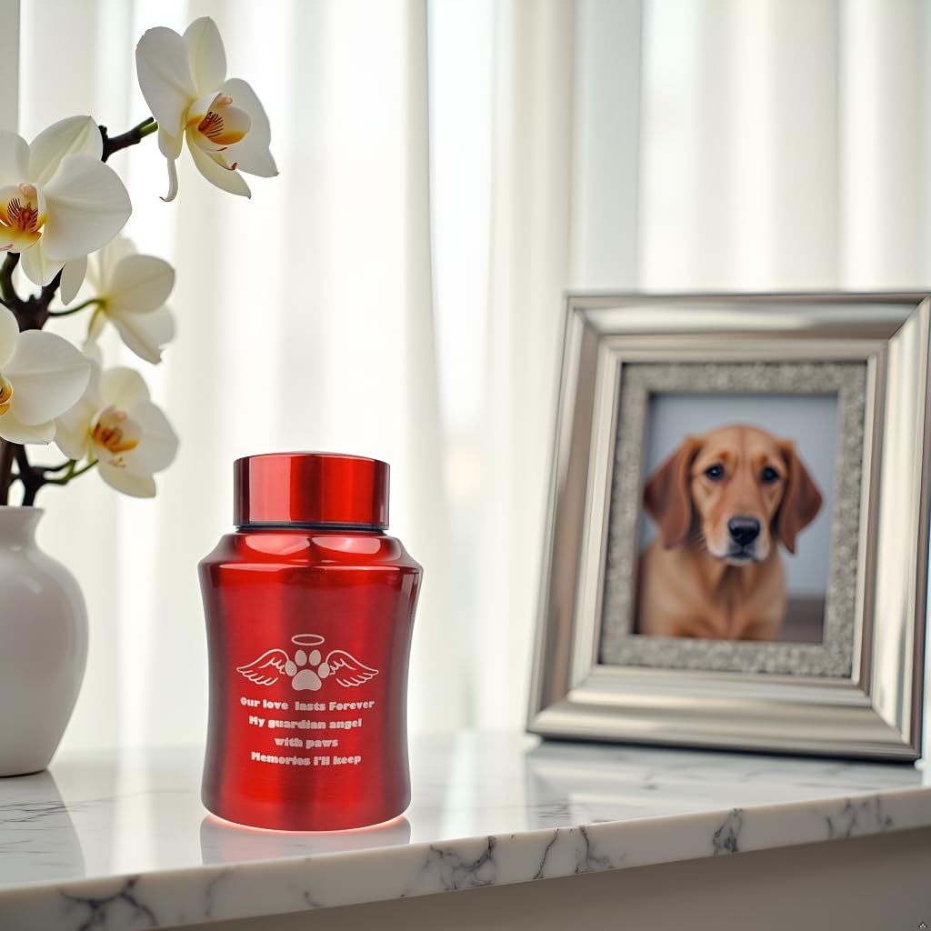 Medium Red Pet Cremation Urn – Aluminum Alloy Urn for Dog or Cat Ashes with Paw & Wings Design – Secure Screw Lid – Fits Pets up to 80 lbs – Memorial Ashes Container