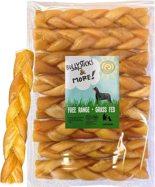 BULLYSTICKS & MORE 6 Inch Beef Collagen Braids for Dogs (8 Count) - Bones for Dogs - Dog Parents Choice - No Hide Beef Cheek Rolls