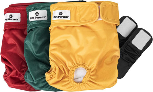 Pet Parents® Washable Dog Diapers (3pack) + Extendrs® of Durable Doggie Diapers, Premium Dog Diapers Female (Large, Samba)