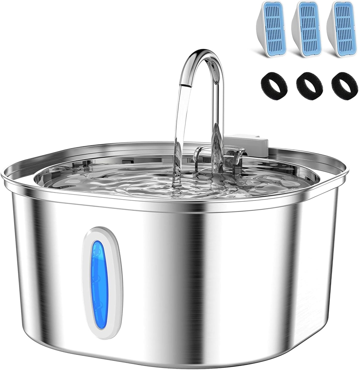 Stainless Steel Cat Water Fountain, 3.2L/108oz Cat Water Dispenser with Quiet Water Pump and Water-Level Window, Dishwasher Safe Pet Drinking Fountain for Cats with 3 Filters + 3 Sponges