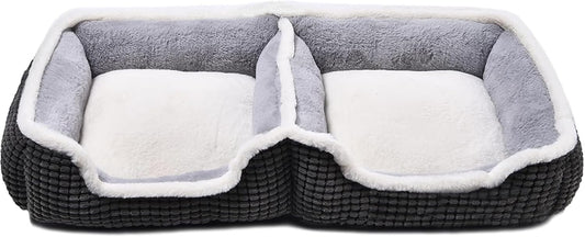 Dog Beds for Two Small Dogs, Double Cat Beds for Indoor Cats, Super Soft Washable Cat Bed with Anti-Slip & Water-Resistant Bottom, Luxury Durable Kitten Bed Puppy Bed, Rectangle Grey Animal Pet Beds