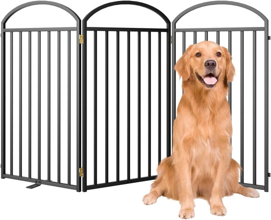 3 Panles Full Matel Freestanding Dog Gates with Door, 72"Extra Wide 36"Tall Free Standing Dog Pet Gate for Indoor & Outdoor. Foldable Pet Fences for Doorways, House, Stairs, Porch, Deck, Yard