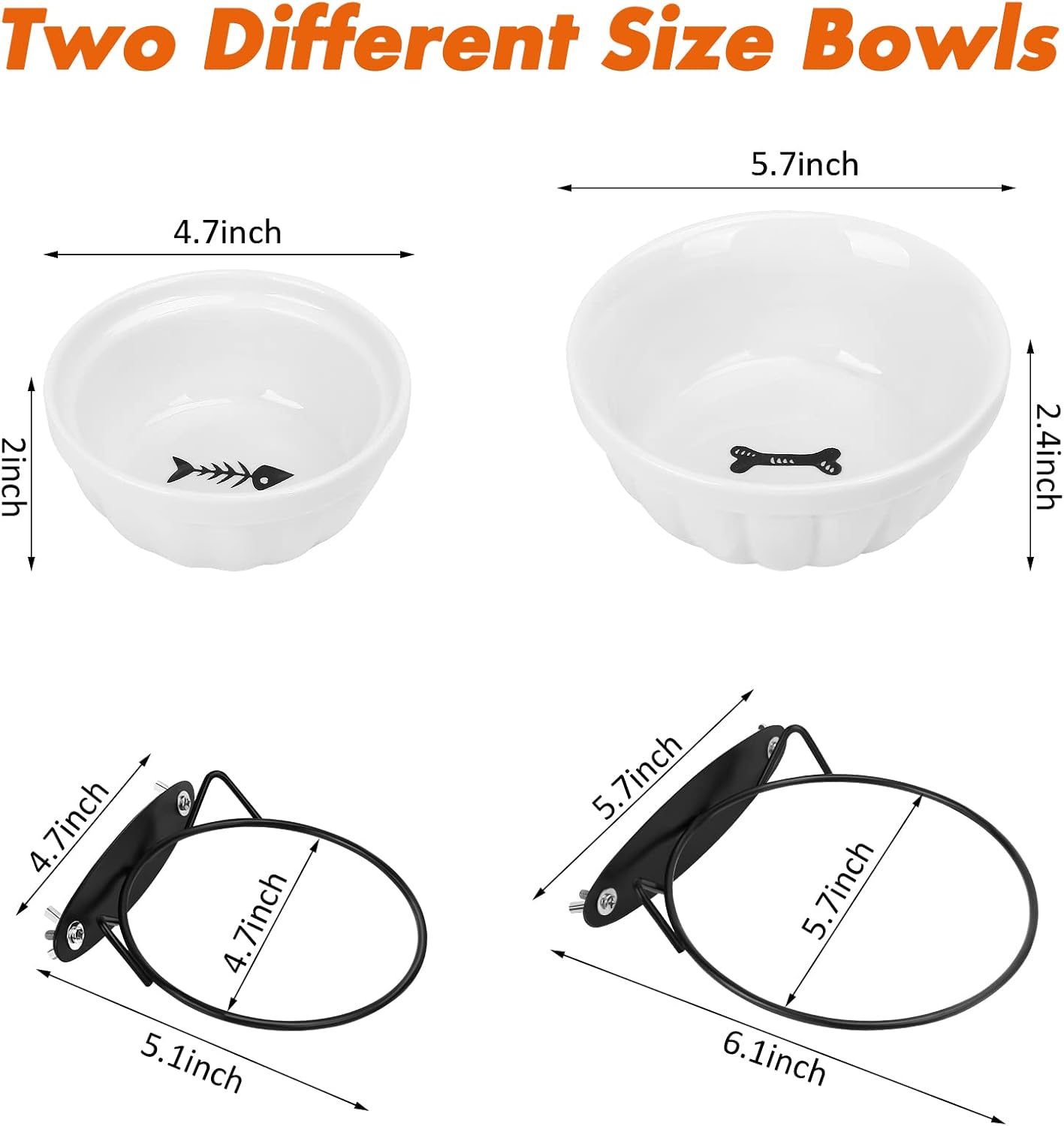 Dog Kennel Water Bowl, 2 Pack Ceramic Hanging Dog Crate Water Bowls No Spill, Removable Thick Tilted Cat Food/Water Bowls for Small Dogs, Cats, Rabbit, Guinea Pigs(5.7 * 2.4&4.7 * 2”)