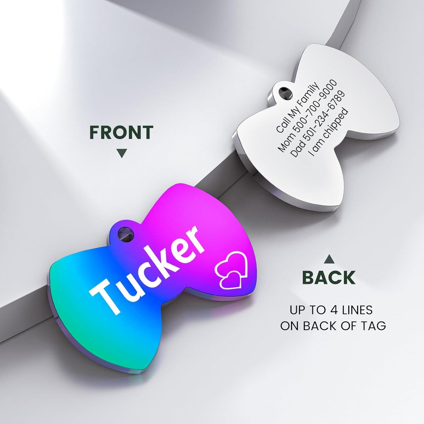 Dog Tags Engraved for Pets - YEHANTI Personalized Dog Tags with Lovely Icons, Durable Stainless Steel Pet ID Tags for Small Large Dogs Cats, Custom Dog Name Tags Engraved on Both Sides (Bow Tie)