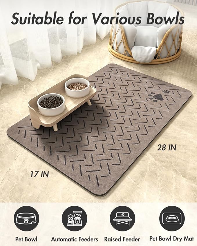 MontVoo-Absorbent Pet Feeding Mat-No Stains Quick Dry Dog Mat for Food and Water Bowl-Rubber Backing Dispenser Mat Accessories Supplies-Dog Bowl Messy Drinkers,Brown