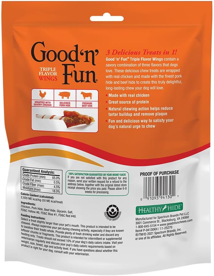 Good ‘n’ Fun Triple Flavor Wings Chews for All Dogs, 12 Ounces, Treat Your Dog to Long-Lasting Chews Made with Chicken, Pork Hide and Beef Hide, Pack of 2