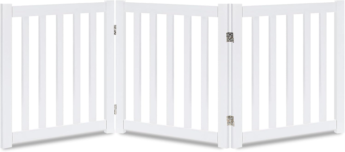 LZRS 3-Panel Wooden Free Standing Foldable Dog Gate Indoor – 24" High,Step-Over Safety Pet Gate for Doorways, Stairs, Hallways, Indoor Dog Barrier for Small to Medium Dogs & Puppies, White