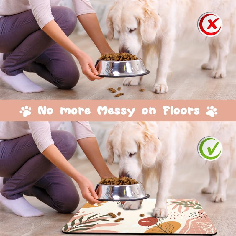 Dog Food Mats for Floors Waterproof, Pet Water Bowl Mats Pet Feeding Absorbent Placemats Bohemia Tropical Leaves 17 * 30 inch