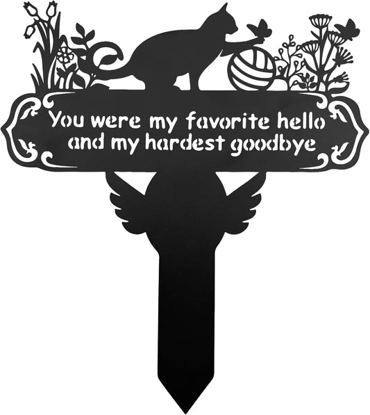 Pet Grave Markers Cat, 12"X 14" Metal Baked Enamel Cats Headstone Decorations for Cemetery, Waterproof Memorial Pets Stake Plaque for Outdoors, Lost Sympathy Tombstone Memorial Garden Sign Gift