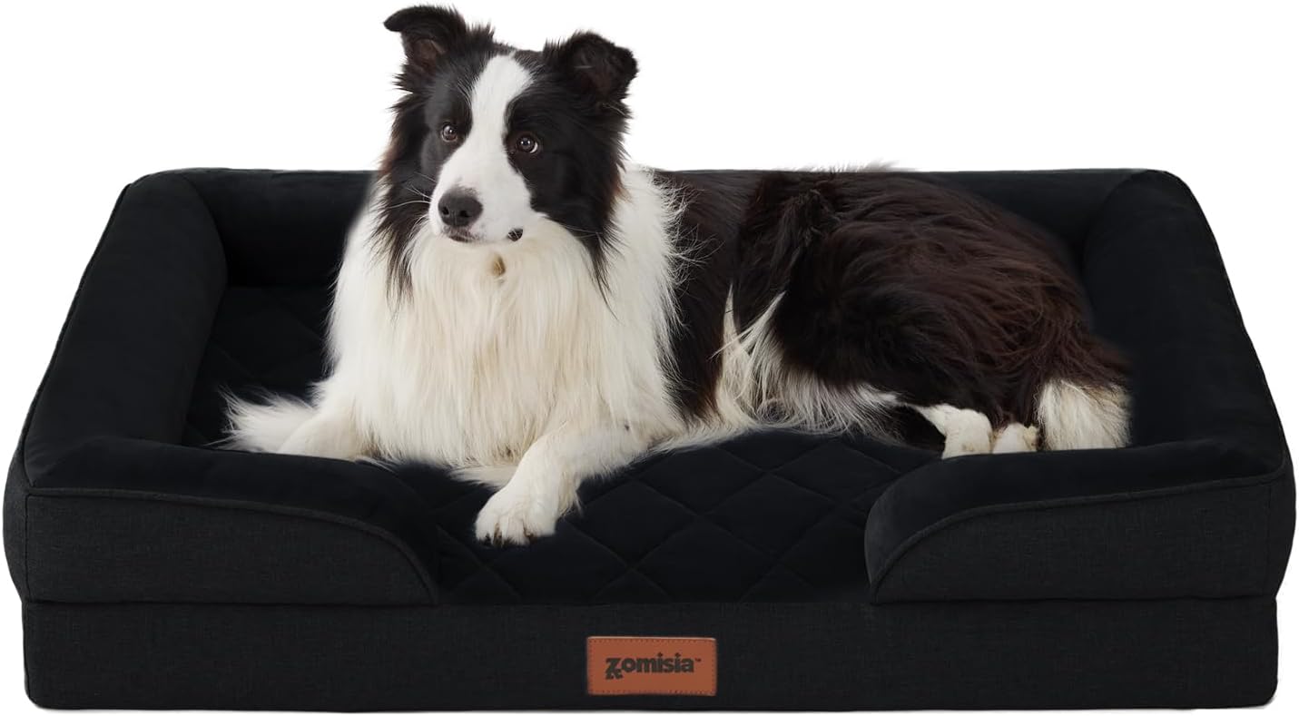 Orthopedic Dog Bed for Large Sized Dogs, Washable Dog Beds with Bolsters, Memory Foam Pet Sofa with Removable Waterproof Cover & Nonskid Bottom, Black