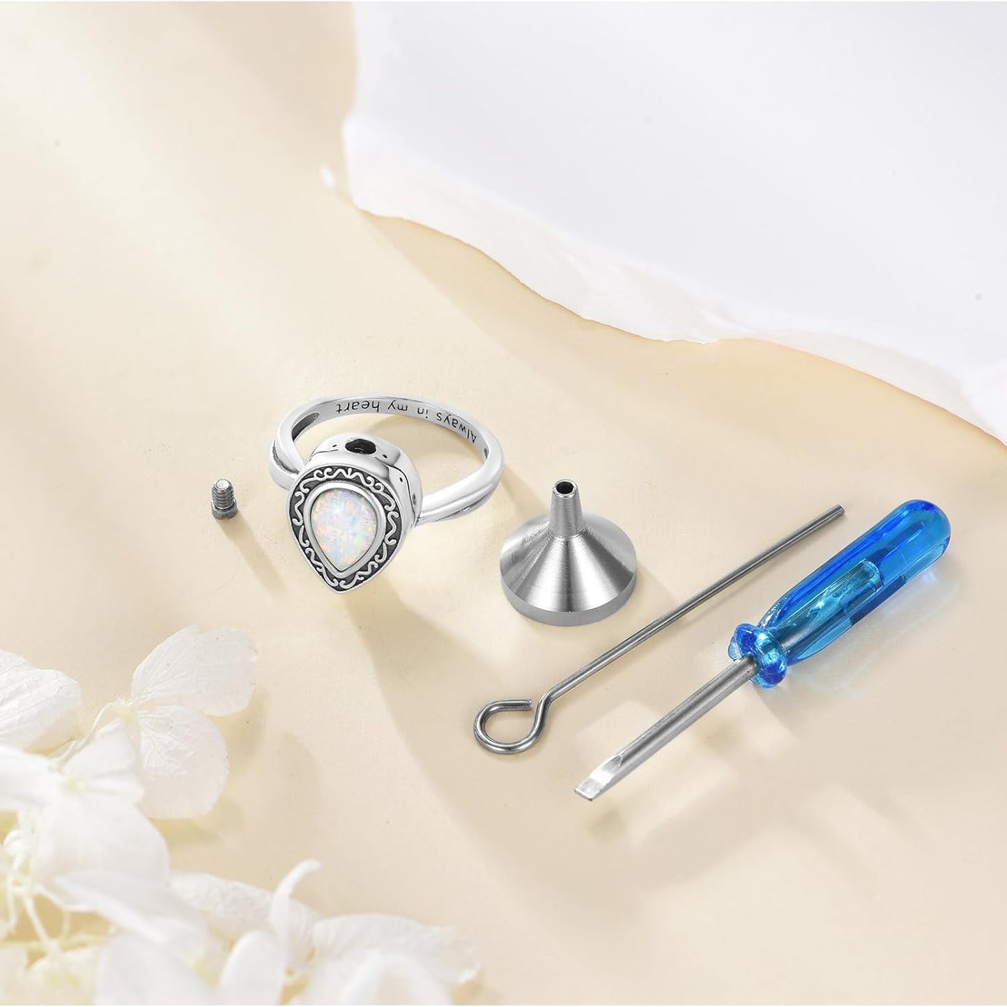 Teardrop Cremation Ring for Ashes 925 Sterling Silver Opal Urn Keepsake Rings Always in My Heart Memorial Jewelry for Women
