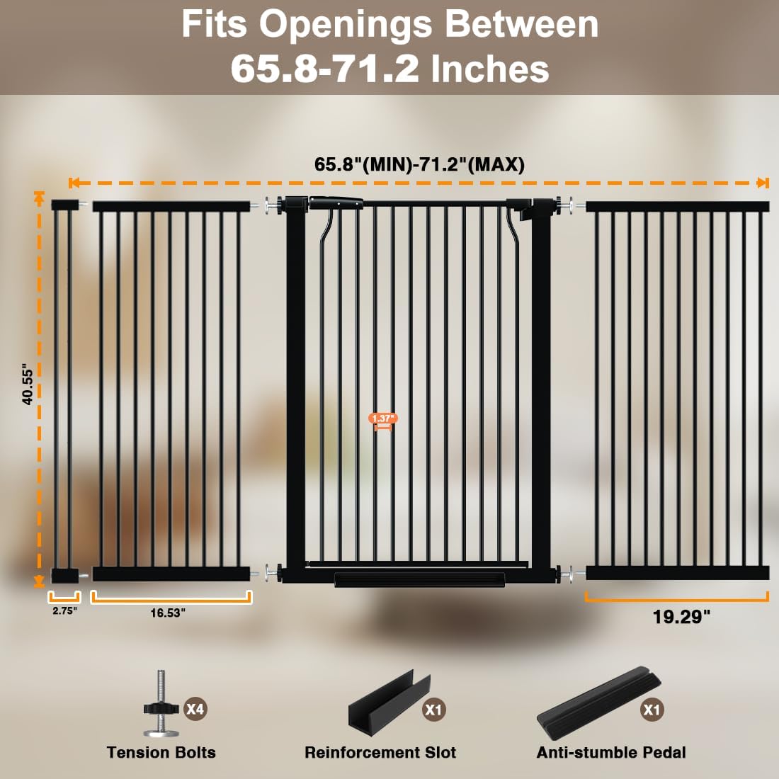 41" Extra Tall and Wide Pet Gate, 65.8-71.2 in Baby Gates with Door for Doorways Hallways, Walk Thru Large Dog Gate Indoor, Auto Close Long Child Safety Gates for Kids Puppy Doggie, Black