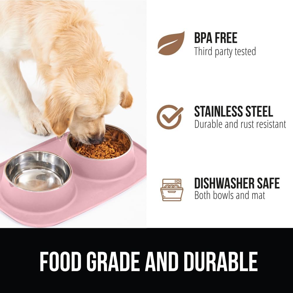 GORILLA GRIP Feeding Mat Set, Patent Pending 100% Waterproof BPA Free Silicone, Stainless Steel Cat and Dog Bowls, Slip Resistant, High Edges Catch Water, Food, US Designed Pet Accessories, 1 Cup Pink