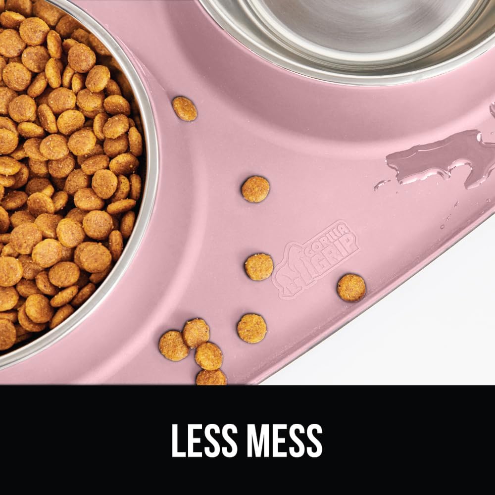 GORILLA GRIP Feeding Mat Set, Patent Pending 100% Waterproof BPA Free Silicone, Stainless Steel Cat and Dog Bowls, Slip Resistant, High Edges Catch Water, Food, US Designed Pet Accessories, 2 Cup Pink