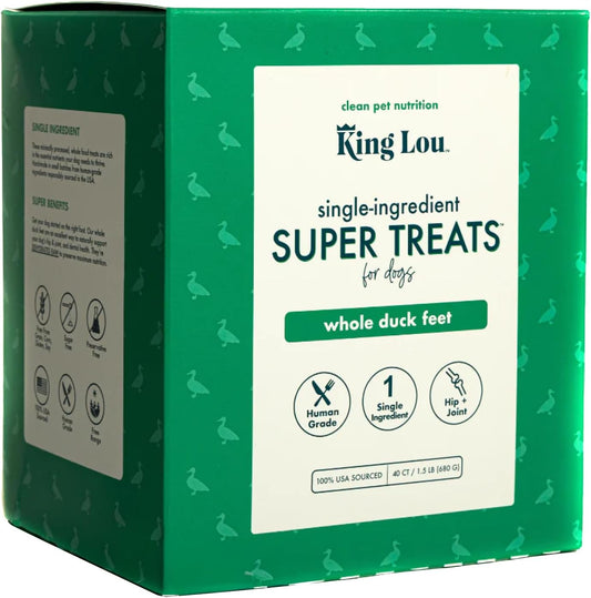 King Lou Pets - Whole Duck Feet for Dogs - Single Ingredient Treat - Dehydrated Dog Treats - USA-Made Dog and Cat Treats - Collagen, Glucosamine, Chondroitin for Hip and Joint Health - 40 Count