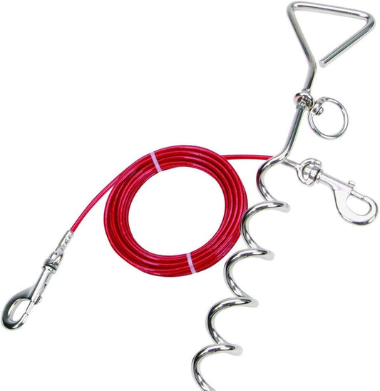Katzco Chrome Dog Corkscrew Stake with Leash Lead - 25 Foot Cable with 80 lb Pull Strength - Heavy-Duty Outdoor Tie-Out for Large, Medium, and Small Energetic Dogs - Backyard Summer Dog Run - Red