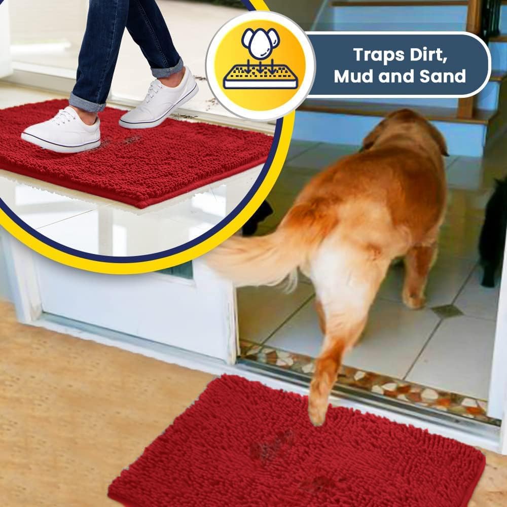 Muddy Mat® Pack of 3 Highly Absorbent Microfiber Dog Door Mat and Pet Rug, Non Slip Thick Washable Area Mat Soft Chenille for Kitchen Bathroom Bedroom and Outdoor - Red Small, Medium & Large