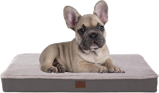 Orthopedic Dog Bed for Small Dogs - Soft Plush Washable with Egg Crate Foam, Waterproof & Removable Cover, Anti-Slip Bottom, Comfy Striped Crate Bed, 30x20 Inch, Gray