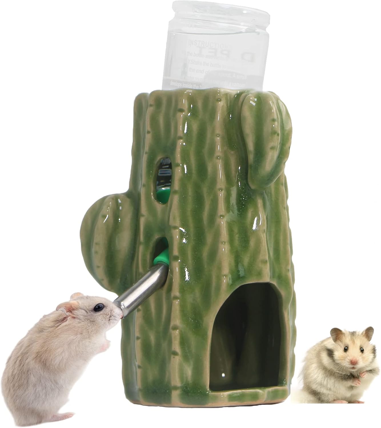 Hamster Water Bottle for Glass Tank, 3-in-1 Adjustable Ceramic Cactus Water Bottle Stand with Holder Dispenser 80ML No Drip for Syrian Dwarf Mice Rat Gerbil Guinea Pig