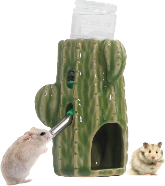 Hamster Water Bottle for Glass Tank, 3-in-1 Adjustable Ceramic Cactus Water Bottle Stand with Holder Dispenser 80ML No Drip for Syrian Dwarf Mice Rat Gerbil Guinea Pig