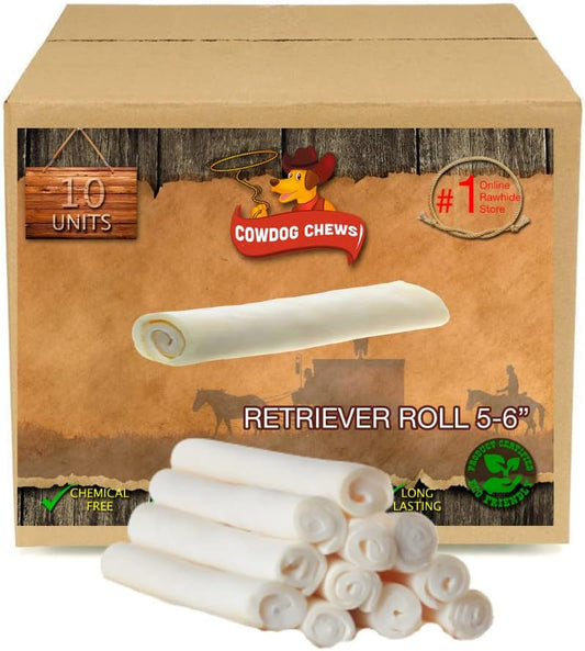 Cowdog Chews 5-6 Inches Rawhide Retriever Roll - Chewing Dog Treat, 100% Natural - Natural Grass Fed Livestock Sourced (10 Pack)
