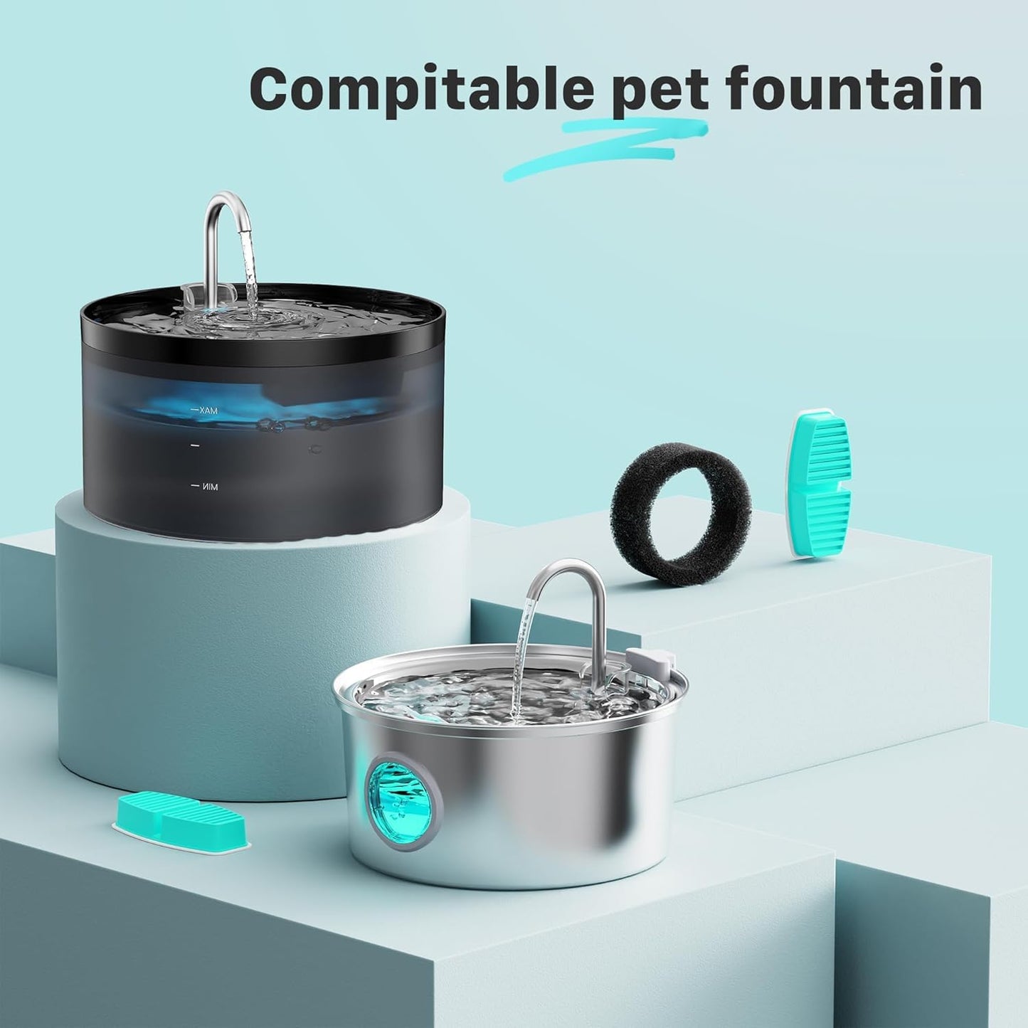 Cat Water Fountain Filters: 12 Cat Fountain Replacement Filter for FOFNON Pet Water Fountain - 3 Months Set of Pet Fountains Filter - Including 6 Pieces Filters + 6 Pieces Sponges