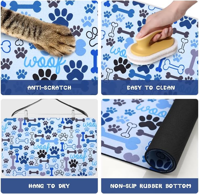 Dog Food Mats for Floors Waterproof, Pet Water Bowl Mats Pet Feeding Absorbent Placemats Blue 16 * 24 inch