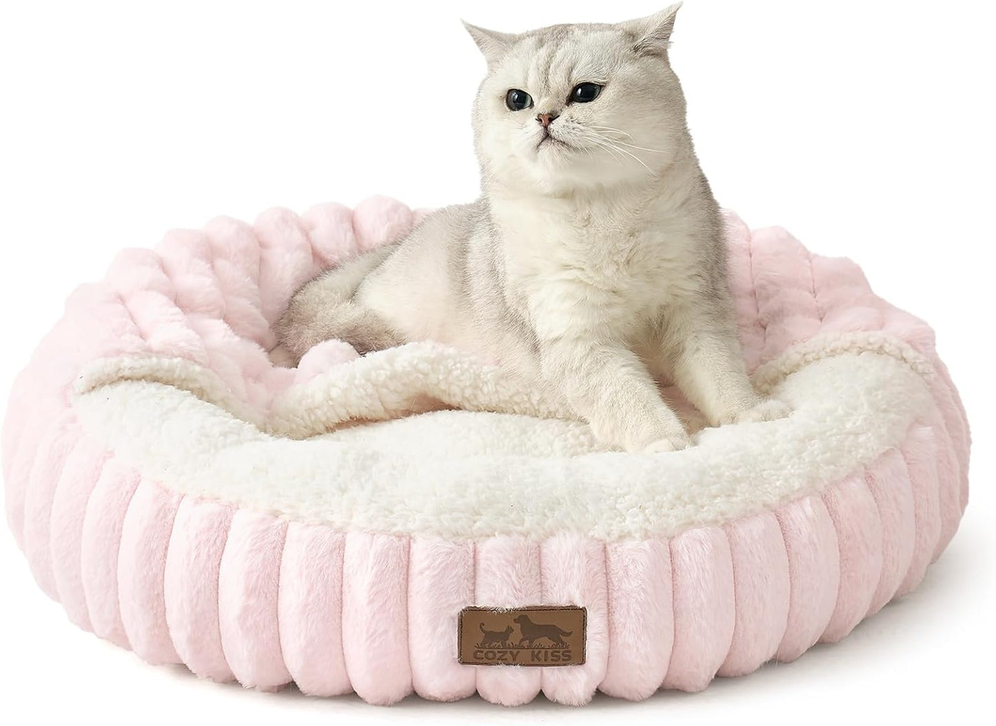 Cat Bed with Hooded Blanket, Round Fluffy Anti-Anxiety Pet Bed for Cats/Toy Breed Dogs, Cozy Donut Cuddler with Machine Washable Faux Fur & Anti-Slip Bottom(20"×20"×6",Pink)