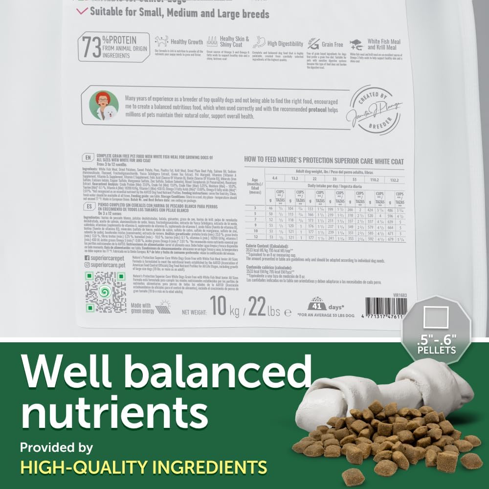 Nature's Protection Dry Puppy Food for Small & Large Breed - High Protein, Grain Free Tear Stain Formula - Dog Kibble for Light Coated Dogs (Superior Care - White Fish, 22 lb)