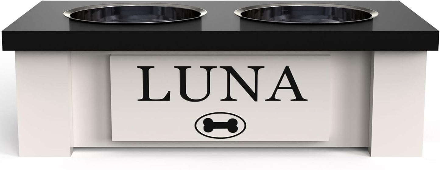 GrooveThis Woodshop - Personalized Elevated Dog Bowl Stand for Large, Medium, Small, X-Small Dogs - Stainless Steel Food and Water Bowls - Raised Dog Dish with Internal Storage (X-Small, Black)